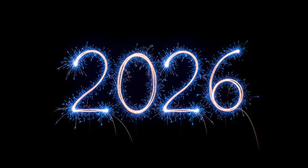 Sparkling number "2026" in light blue against a dark backdrop, representing upcoming year, celebration, anticipation, festive mood