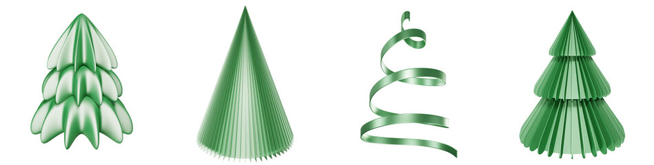 Christmas tree png clipart abstract New Year winter ribbon spiral cone minimal modern geometric green metallic gradient 3D render transparent sticker banner ornament origami nordic evergreen pine fir