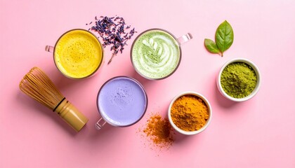 Colorful Wellness Drinks with Matcha, Turmeric, Lavender, and Whisk on Pink Backdrop