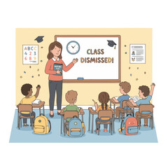 Caring Teacher Adjusts Student Chair In Cartoon Style Classroom With Students Raising Hands And Message On Whiteboard Class Dismissed