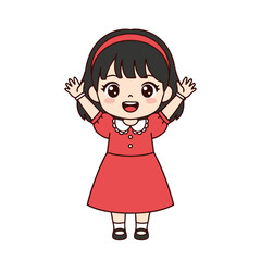 Cartoon Style Illustration Of A Happy Young Girl Wearing Glasses And A Red Dress Waving With Arms Raised Against A Transparent Background