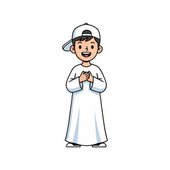 Cartoon Style Young Boy Wearing Traditional White Thobe and White Baseball Cap Smiling Happily With Hands Clasped In Front On Black Background