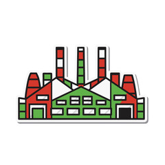 Cartoon Style Industrial Factory Building With Red Green And White Chimneys And Windows Isolated On Black Background With White Outline