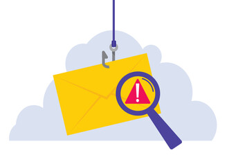 Data phishing, hacking online scam concept. Fishing by email, envelope and fishing hook. Vector illustration