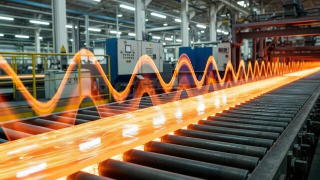 Hot steel bar on a conveyor belt in a modern metallurgical plant. A glowing digital wave visualizes the induction heating process or quality control analysis