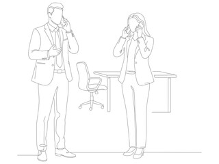 Continuous single line drawing of drawing of Business man is on the phone with business colleagues