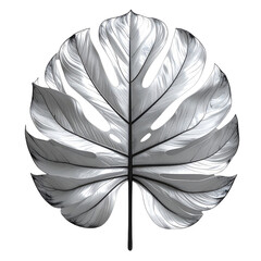 A striking, metallic silver rendering of a Monstera deliciosa leaf against a stark black background.