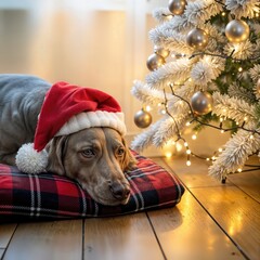 A Weimaraner dog in a Santa hat relaxes on a plaid pillow beside a beautifully decorated Christmas tree, lit with lights and adorned with silver ornaments, creating a warm holiday atmosphere
