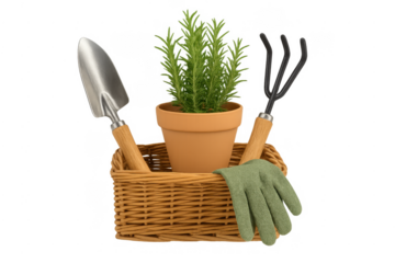 Gardening tools and rosemary plant in basket, transparent background