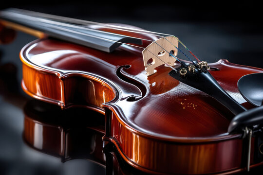 Close Up of Polished Violin on Dark Reflective Surface - Powered by Adobe