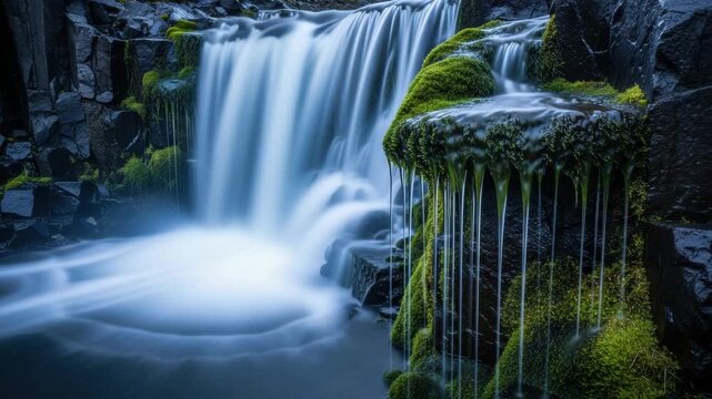Serene waterfall cascading over dark volcanic rocks with vibrant green moss. Long exposure creates a silky smooth water effect for a tranquil and peaceful nature concept