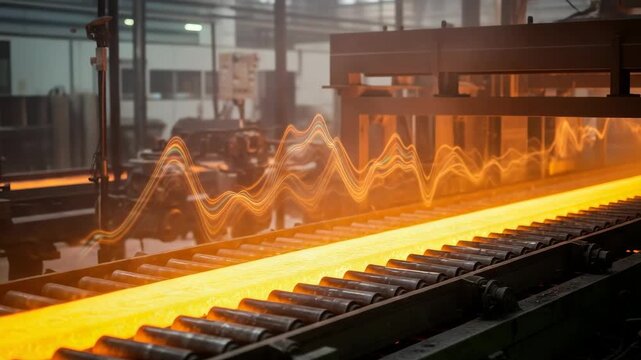 Manufacturing process in a steel mill with a hot metal beam on a conveyor. Abstract data graph overlay for industry 4. 0 quality control and production monitoring