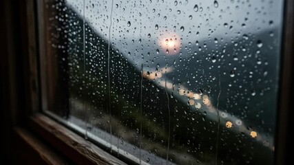 Raindrops on a window with a blurry view of city lights at sunset or dusk. Moody and atmospheric background for concepts of weather, solitude, and peaceful contemplation - Powered by Adobe