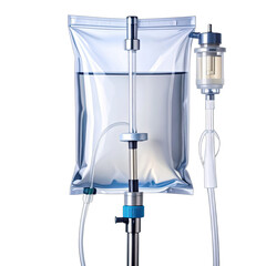 Close-up rendering of a medical intravenous fluid bag and drip set against a black background.