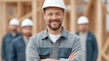 Friendly construction worker smiling at camera with team in background at a wooden building site under construction 4k video footage