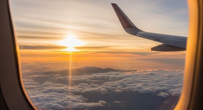 Airplane wing view from plane window over foggy mountains at sunset. Sky and sun above clouds. Scenic flight travel picture.
