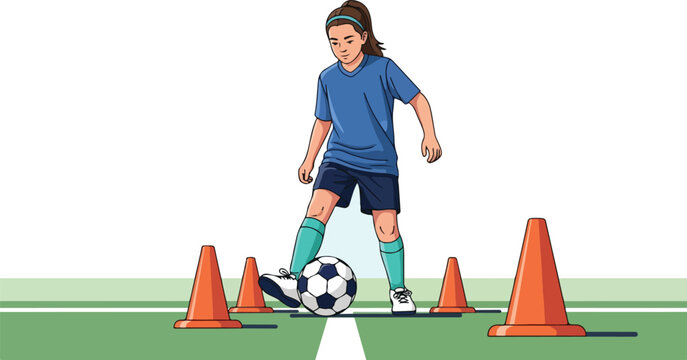 A young female soccer player dribbles a soccer ball around orange training cones on a green field.