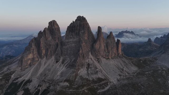 Cinematic aerial video of the Tre Cime mountain in the Italian Dolomites