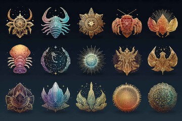 Galaxy themed zodiac signs clipart in shimmer