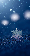 Fototapeta premium Close-up of a detailed, crystalline snowflake on a textured surface, set against a blurred, blue background with soft, glowing orbs, representing winter
