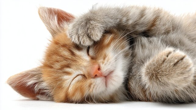 A fluffy orange kitten is curled up sleeping with its eyes closed and paws tucked under its chin. The soft fur and cozy pose create an adorable scene of tranquility. - Powered by Adobe