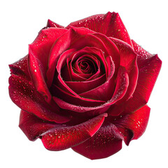 A rich, deep red rose, glistening with delicate water droplets, set against a pure black background.