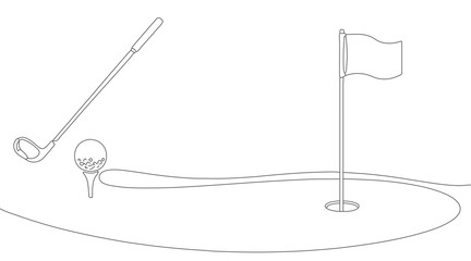 golf sport activity ball hole flag green field one line art design