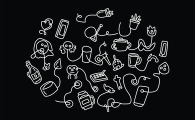 Collection of hand drawn doodle icons with white line art on a black background