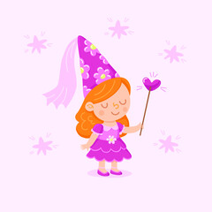 Cute little princess in a pink dress, a tall pointed hat with flowers, and heart-shaped magic wand in hand. Vector cartoon illustration for children&rsquo;s books, greeting cards, stickers, nursery prints