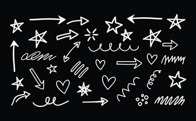 Hand drawn doodles and symbols with arrows stars and hearts on black background