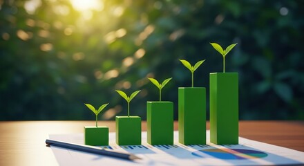 Green investment charts with fresh leaves illustrate sustainable growth. Financial documents, eco friendly plants show eco investment strategy. Graph progress shows sustainable economic development.