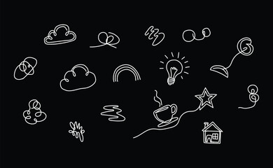 Hand drawn white doodle icons on black background