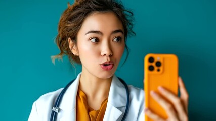 Gen Z Asian woman, anti-aging nurse expert vlogging live on phone, mental health care advice, selfie vertical setup, soft studio lighting, with copy space