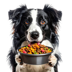 A hungry Border Collie eagerly holds a bowl full of colorful kibble against a black background.