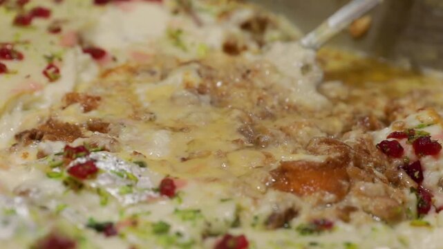 Closeup shot of sweet Indian dessert made of milk.