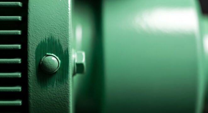 Close-up macro view of a green industrial electric motor with detailed metal texture, cooling fins, and visible surface moisture. The image highlights engineering precision, mechanical components, and