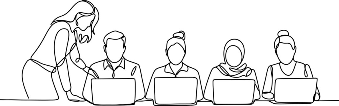 Continuous line drawing of diverse business team collaborating on laptops in a modern office environment, showing teamwork and support. Vector, illustration