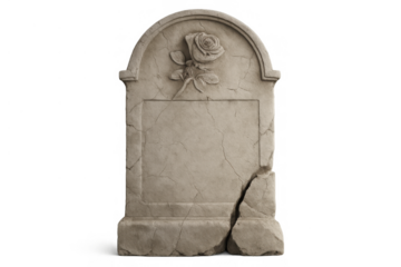Broken gravestone with carved rose on transparent background, symbolizing death, remembrance, and the passage of time