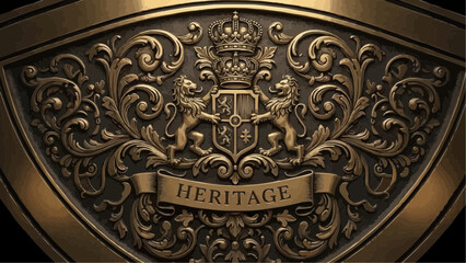Ornate heraldic emblem featuring lions crown and shield with the word heritage on a banner design