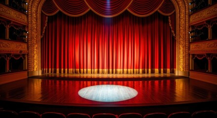 Red stage curtain closed. Spotlight illuminates empty stage. Dramatic theatrical atmosphere. Performance waiting to begin. Awaiting excitement for show. Excellent photo for entertainment related