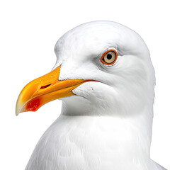 A striking close-up portrait of a white seagull against a stark black background.