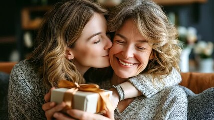 Mother’s Day at home young adult child hugging and gifting box to middle-aged mum on sofa, tender kiss and smiles, family love, with copy space