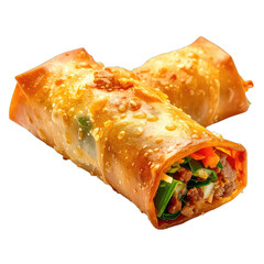 Two golden, crispy fried spring rolls filled with vegetables and meat, presented on a black background.