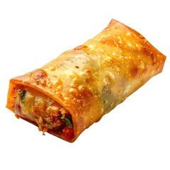 A close-up image of a single, crispy, deep-fried spring roll isolated on a black background.