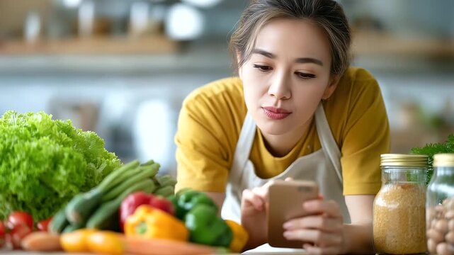 Diet vlogger coach Asian woman on mobile live sharing HDL recipe plan, bright kitchen, ingredient flat lay, upbeat smile, with copy space