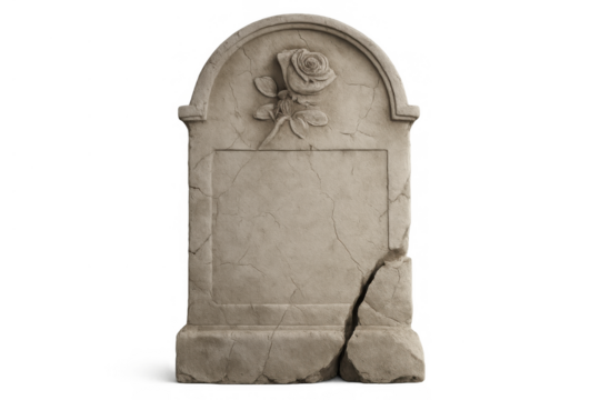 Broken gravestone with carved rose on transparent background, symbolizing death, remembrance, and the passage of time