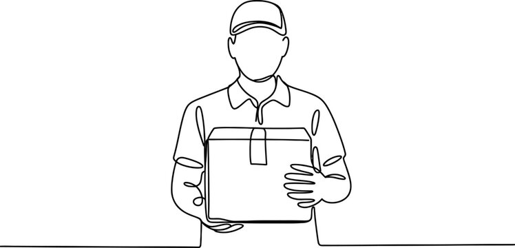 Continuous line drawing of a delivery man courier holding a cardboard package box, representing fast shipping and express service. isolated artwork. Vector, illustration
