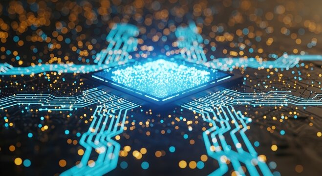 Abstract background of future technology concept. Digital business solutions, web interface with glowing circle. Innovative tech design circuit board lines with data flow, digital transformation