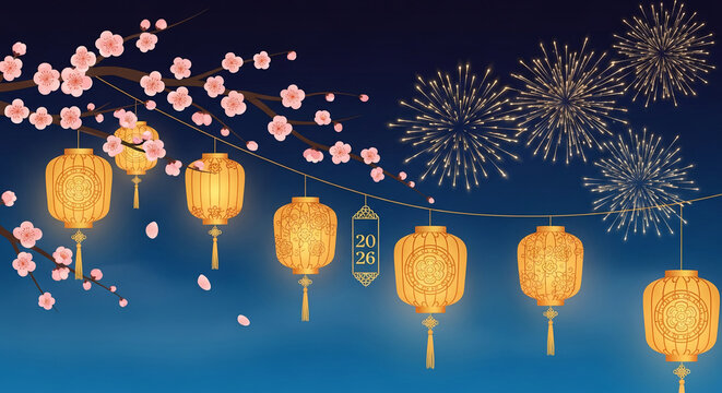 Digital illustration with cherry blossom, yellow lantern and fireworks on the dark gradient background, celebration of the new year 2026 concept - Powered by Adobe