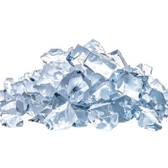 A pile of glistening, fractured ice cubes isolated against a black background.